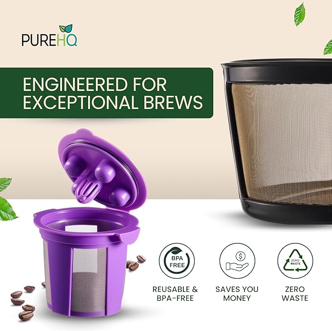 Reusable Mesh Coffee Filter Basket for Keurig K Duo Coffee Maker (Gen 2) and Keurig K-Duo Essentials, With 2 Refillable K Cups Pod by PureHQ - Gold Tone Carafe Replacement Filter - Value Pack