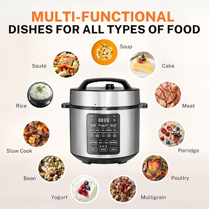 Simple Deluxe 12-in-1 Electric Pressure Cooker, 6QT Stainless Steel & Non-Stick Multi Cooker for Slow Cook, Meat Stew, Cake, Porridge, Multigrain, Dishwasher Safe, Silver