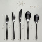 over&back 20pc Curved Flatware Cutlery Set - Comes with 4 Dinner Forks, 4 Salad Forks, 4 Dinner Knives, 4 Dinner Spoons, and 4 Teaspoons - 18/8 Stainless Steel - Dishwasher-Safe - Matte Black