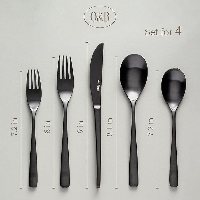 over&back 20pc Curved Flatware Cutlery Set - Comes with 4 Dinner Forks, 4 Salad Forks, 4 Dinner Knives, 4 Dinner Spoons, and 4 Teaspoons - 18/8 Stainless Steel - Dishwasher-Safe - Matte Black
