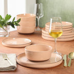 Gibson Elite Northrock Stoneware Dinnerware Set, 16-Piece Service for 4 Plates and Bowls Set – Pink Dishes with Hand-Painted Terracotta Base