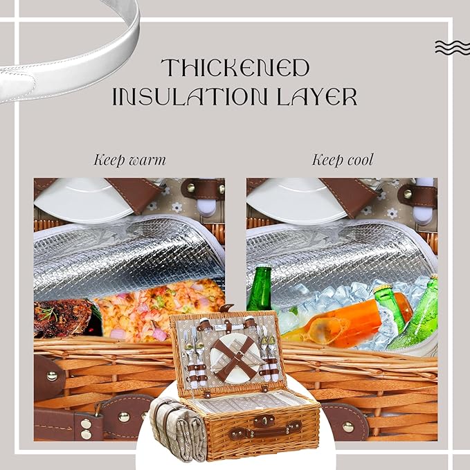 Picnic Basket Set for 4 with Waterproof Blanket Mat Insulation Bag Wicker Floral Brown Classic Fresh for Wedding Birthday Summer Camp Outdoor Camping Beach Travel Christmas