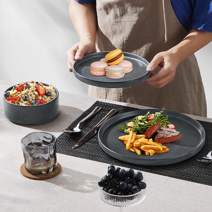 E-far Stoneware Dinnerware Sets for 4, 12-Piece Reactive Glaze Plates and Bowls Sets, Kitchen Ceramic Dishes Dinning Ware, Microwave & Dishwasher Safe, Deep Gray