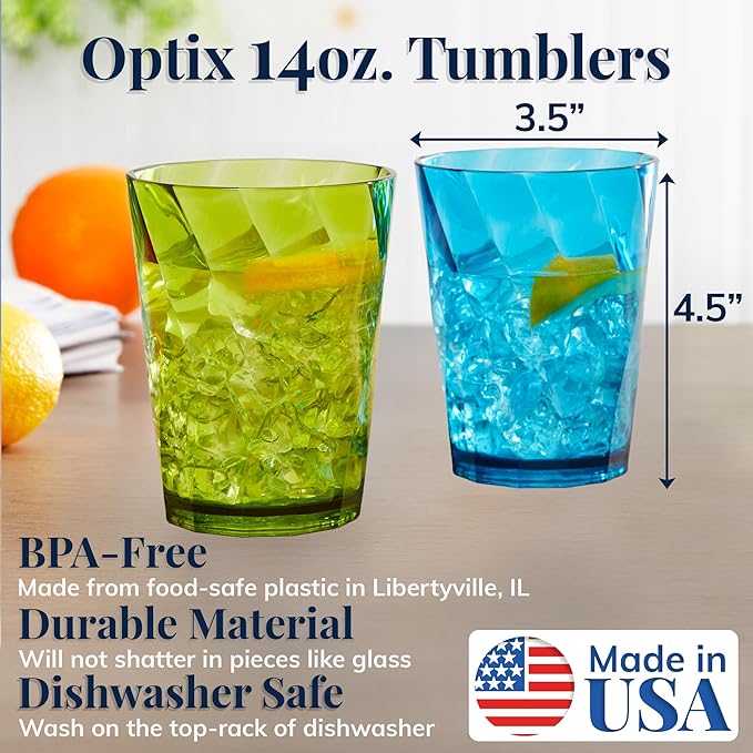 US Acrylic Optix Plastic Reusable Drinking Glasses (Set of 8) 14oz Rocks Cups in Jewel Tone Colors | BPA-Free Tumblers, Made in USA | Top-Rack Dishwasher Safe