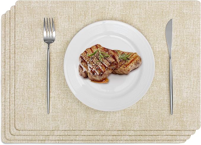 Softalker Vinyl Placemats Set of 4 - Faux Leather Heat Resistant Place Mats, 100% Waterproof Oilproof Wipe Clean Table Mats for Indoor & Outdoor Use, 17’’×12’’, Beige
