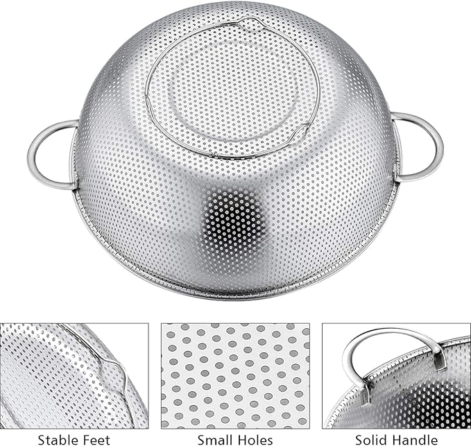 P&P CHEF Colander Set of 3, Stainless Steel Micro-Perforated Colanders Strainers for Draining Rinsing Washing, Ideal for Pasta Vegetables Fruits, Heavy Duty & Dishwasher Safe - 1/3/5 Quart