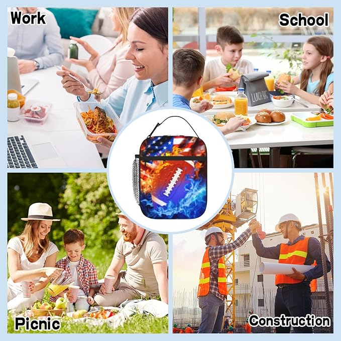 American Football Lunch Bag for Boys Girls Football Lunch Box for Kids Teens School Work Office Travel Picnic Hiking Insulated Reusable Waterproof Leakproof Boys Lunchbox School Gift