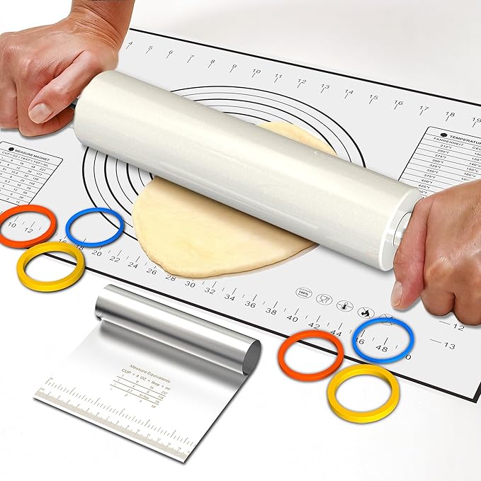 Marble Rolling Pin with Pastry Baking Mat and Stainless Steel Dough Cutter, 18.5” (Includes handle) Rolling Pin for Baking Cookie Crust Crisp Pizza with 3 Thickness Rings and Wood Stand