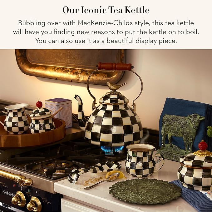 MACKENZIE-CHILDS Enamel Tea Kettle, Cute Kitchen Kettle for Stovetop, 3-Quart Capacity, Black-and-White Courtly Check with Bird Topper