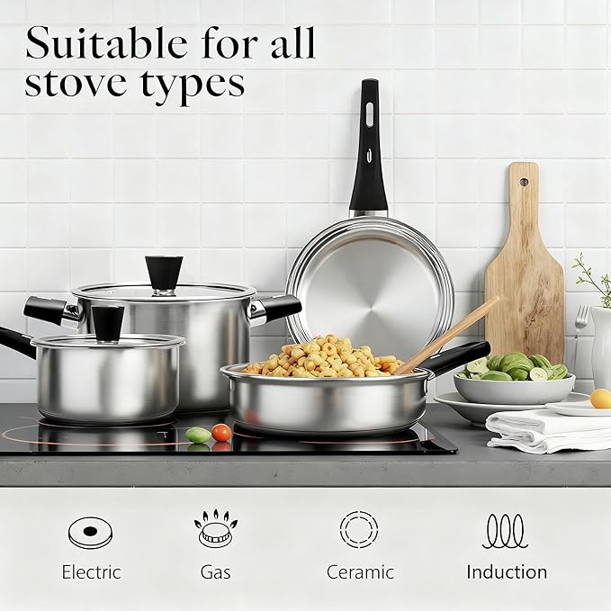 Stainless Steel Cookware Set, 14-Piece Pots and Pans Set, Kitchen Cookware Set with Stay-Cool Handle, Non-Toxic, Dishwasher Safe & Compatible with All Stovetops (Gas, Electric & Induction)