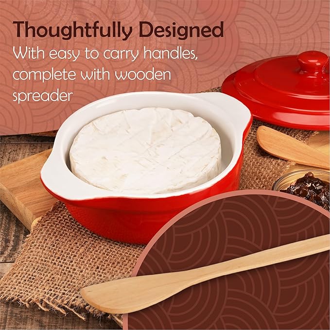 Muldale Brie Baker with Lid and Spreader - Camembert Baker Crock in Red - Free from Lead Ceramic Baking Dish - 5.5” - Fits Standard Camembert Wheel