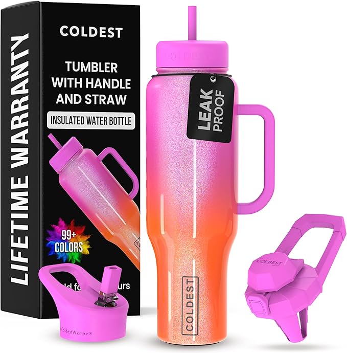 Coldest Tumbler with Handle and Straw, 100% Spill Proof Tumbler with Straw (3 Lids), Stainless Steel Insulated Leakproof Tumblers for Women Men, Cup Holder Friendly, 46 oz (Neutron Star Glitter)