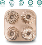 Baker's Secret Nonstick Fluted Cake Pan, Heavy Duty Die Cast Aluminum Fluted Cake Baking Pans, 2 Layers Non-stick Coating For Easy Release - The Cast Aluminum Collection (4mini Loves)