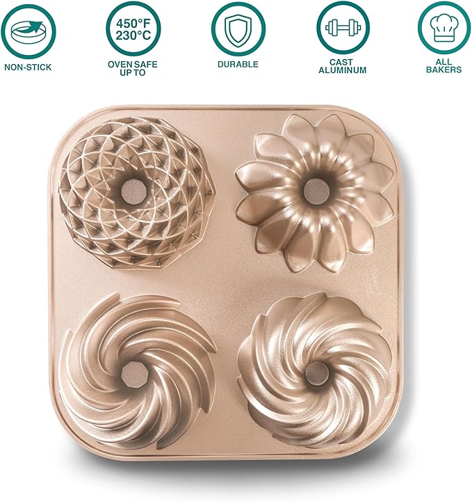 Baker's Secret Nonstick Fluted Cake Pan, Heavy Duty Die Cast Aluminum Fluted Cake Baking Pans, 2 Layers Non-stick Coating For Easy Release - The Cast Aluminum Collection (4mini Loves)