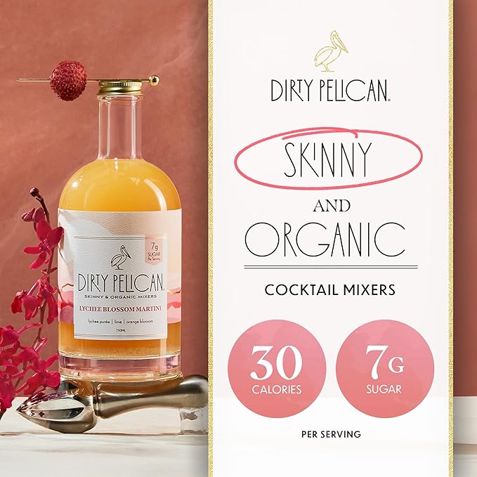 Dirty Pelican Cocktail Mixers - Lychee Blossom Martini - Skinny & Organic Drink Mixes for Cocktails - Low Calorie Mocktails - Low Sugar - Vegan - Gluten Free - No Preservatives - 750ml (1 Bottle)