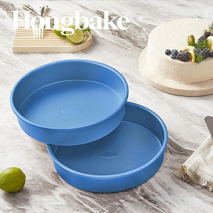 HONGBAKE 9 Inch Round Cake Pan Set of 2, Nonstick Ceramic Coating Cake Molds with Diamond Texture, Aluminized Steel Cake Pans Sets for Baking & Cheesecake, Heavy Duty & Non-Toxic (Deep Blue, 2PCS)