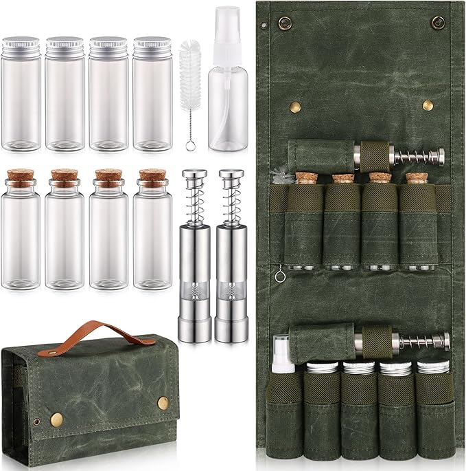 TOBWOLF Portable Spice Bag for Travel, Camping Spice Kit with 8 Jars, 2 Salt/Pepper Grinders, 1 Oil Spray, Foldable Canvas Seasoning Storage Bag, Condiment Container Set for Outdoor Picnic BBQ - Green
