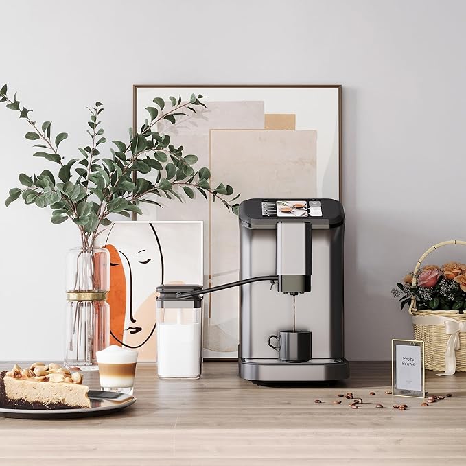 Garvee Fully Automatic Espresso Machine with Built-In Grinder and Milk Frother, 4-Beverage Cappuccino and Latte Maker with Intuitive Touch Display, Gunmetal Finish