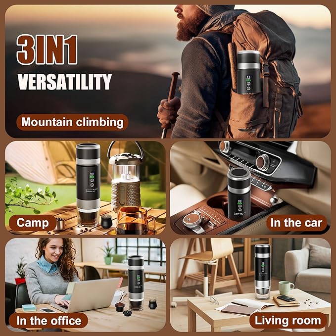 Portable Coffee Machine w/ 2 Rechargeable Batteries, 8 Cups, 80ml Self-Heating, 20bar, USB-C, Espresso coffee Maker for Camping Travel Office, Ground & Capsule Compatible