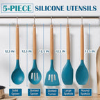 E-far Silicone Cooking Utensils Set, 5-Piece Kitchen Utensils Set with Wooden Handle for Cooking, Silicone Kitchen Nonstick Tools Spatula Turner Slotted Spoons, Nontoxic & Heat Resistant-Blue