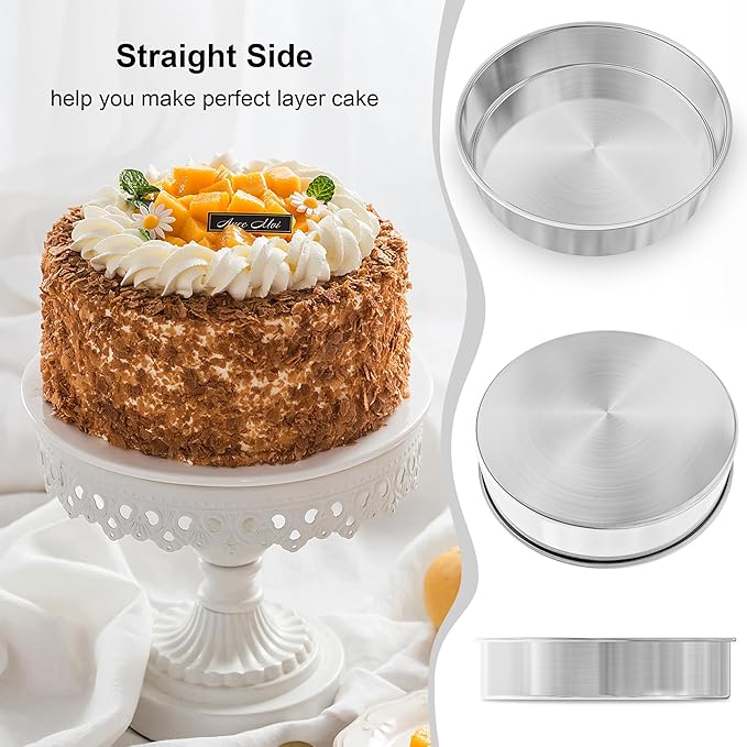 9½ Inch Round Cake Pan Set of 2, Nonstick Circle Stainless Steel Layer Cake Pans 9½ Inch Round with 100PCS Parchment Paper, Baking Pan Set for Birthday Christmas, Silicone Spatula & Dishwasher Safe