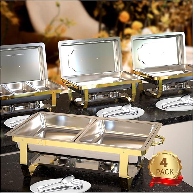 Chafing Dishes for Buffet，4PK Food Warmers for Parties, Buffet Servers and Warmers,Semi Gold Chafing Dish Buffet Set, Elegant Catering Supplies Buffet Display Set