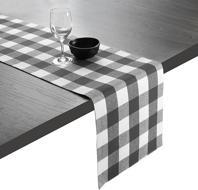 Native Fab Table Runner Buffalo Check Plaid 100% Cotton - 13x72 Inches Kitchen Dining Table Decoration for Indoor Outdoor Farmhouse Home Party Decor - Grey and White