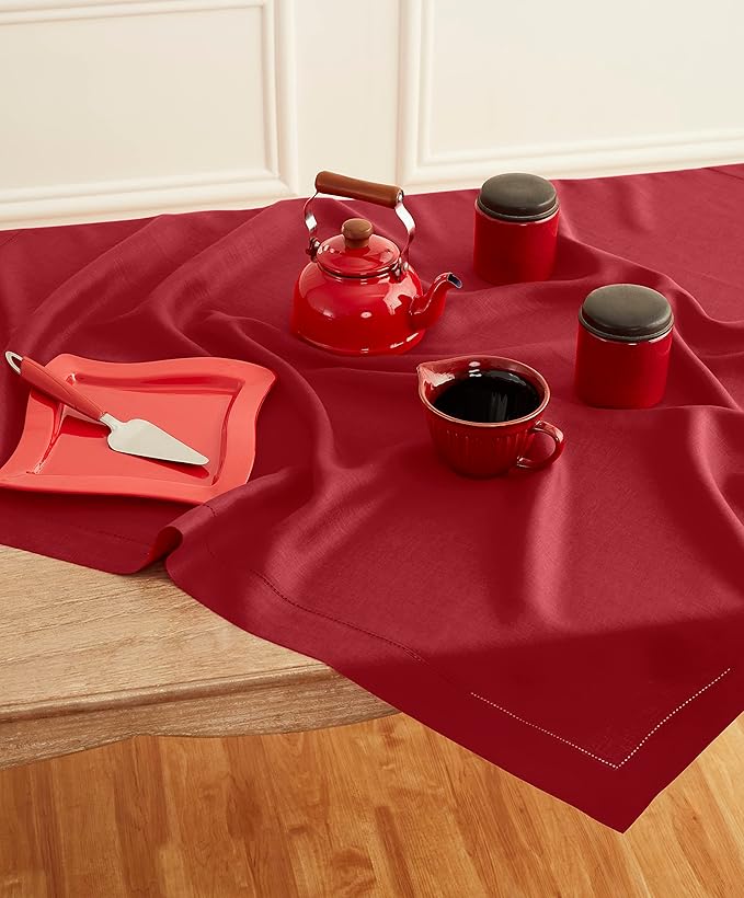 Solino Home Red Linen Tablecloth 52 x 52 Inch - 100% Pure Linen Square Table Throw - Classic Hemstitch, Machine Washable Table Cloth for Summer