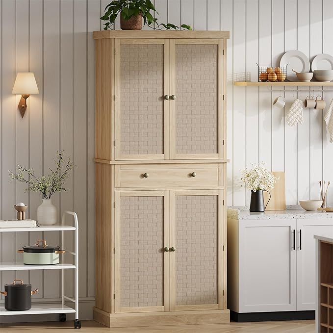 Garvee Pantry Cabinet, 72" Kitchen Pantry Storage Cabinet, Modern Farmhouse Kitchen Cupboard with Large Drawer, 2 Cabinets, 4 Adjustable Shelves, Freestanding Rattan Hutch for Dining Room Living Room