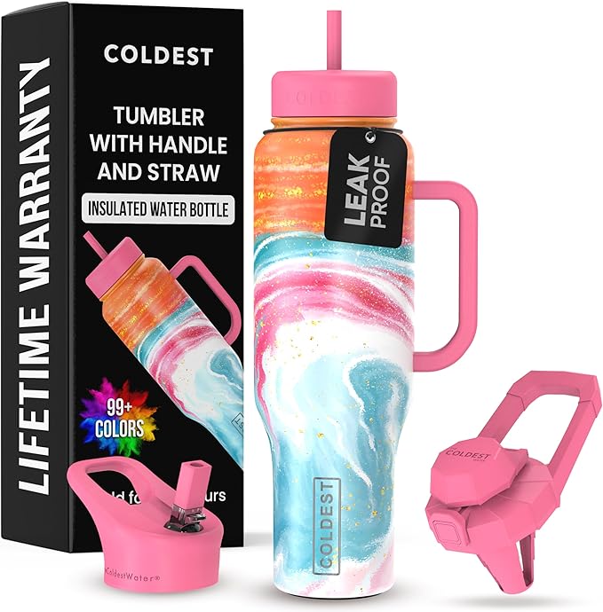 Coldest Tumbler with Handle and Straw - 100% Leak Proof Insulated Tumbler with Lid and Straw (3 Lids) - Stainless Steel Tumblers for Women & Men - Cup Holder Friendly Base, 46 oz (Amethyst)