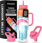 Coldest Tumbler with Handle and Straw - 100% Leak Proof Insulated Tumbler with Lid and Straw (3 Lids) - Stainless Steel Tumblers for Women & Men - Cup Holder Friendly Base, 46 oz (Amethyst)