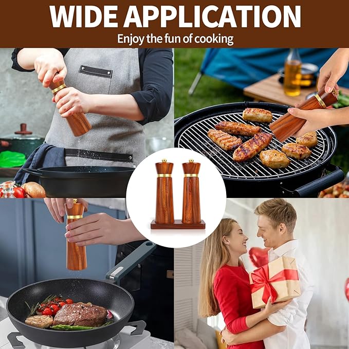 Wooden Salt and Pepper Grinder Set, Salt grinder Refillable with adjustable Coarseness, Acacia Wood pepper grinder manual, Salt and Pepper Shakers Matching Wooden tray-Ideal for Gifting