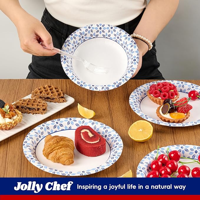 JOLLY CHEF 160 Count Paper Bowls 20 oz Soak Proof, Heavy Duty Printed Disposable Bowls Bulk for Dinner or Lunch