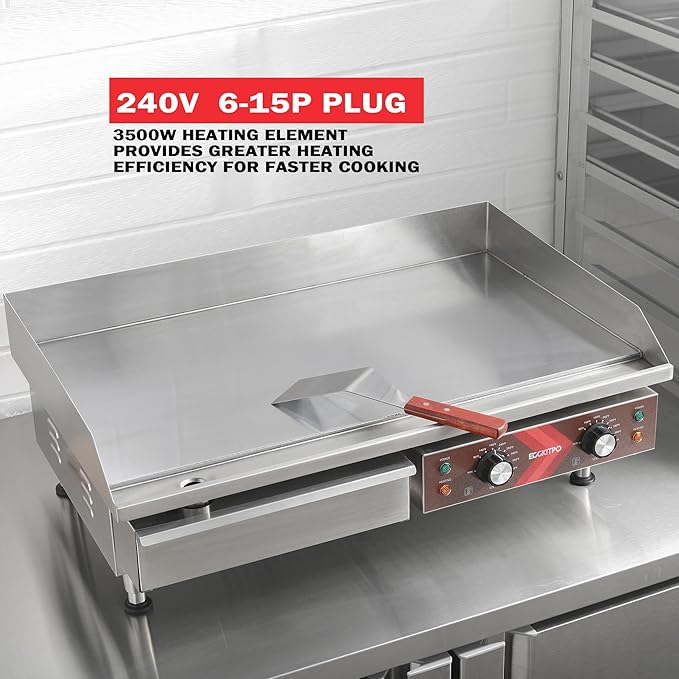Commercial Electric Griddle 29 Inch Large Countertop Griddle Non-Stick Flat Top Grill Stainless Steel Teppanyaki Griddle with Adjustable Temperature 90℉-575℉ for Restaurant Use 240V 3500W