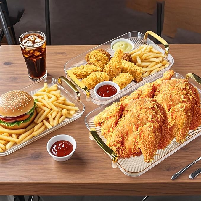 Serving Tray with Handles Set of 3 Rectangular Large Serving Platters 16.5/14.9/13.2 Inch White Plates for Dinner, Party, Entertaining, Amber