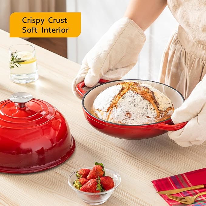 Velaze Enameled Cast Iron Dutch Oven for Bread Baking,5 QT Round Bread Oven Pot with Dome Lid for Sourdough, Roasting,Braising(Red)