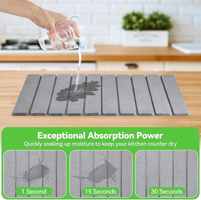 Large Stone Drying Mat for Kitchen Counter, Collapsible Quick Dry Stone Bath Mats for Bathroom, Ultra Absorbent Diatomaceous Earth Dish Mat for Dishes Cups Cookware Countertop, 23.23'' x 15.4'', Grey