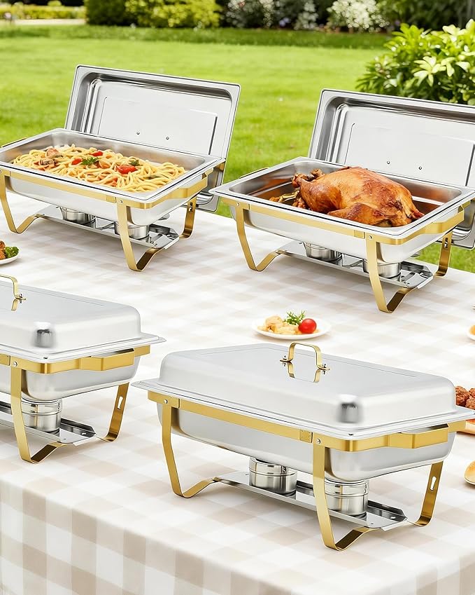 Garvee Chafing Dish Buffet Set 6 Pack, 8QT Buffet Servers and Warmers Set with Lid & Foldable Frame, Rectangular Stainless Steel Chafer Food Warmer for Parties Wedding Catering Supplies, Gold