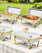 Garvee Chafing Dish Buffet Set 6 Pack, 8QT Buffet Servers and Warmers Set with Lid & Foldable Frame, Rectangular Stainless Steel Chafer Food Warmer for Parties Wedding Catering Supplies, Gold