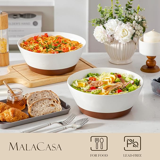 MALACASA Serving Bowls, 105oz Large Salad Bowls for Party, Entertaining, Big Ceramic Bowls for Soup, Fruit and Pho, 2-Pc Wide Bowl Set, White & Brown