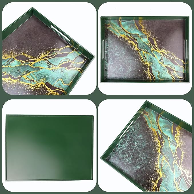 Marble Green Decorative Tray for Coffee Table, Ottoman, Rectangular Plastic Serving Platter Tray with Handles for Entertaining, Outdoor Patio, Living Room Counter, 15.7”*11.8”*1.6”
