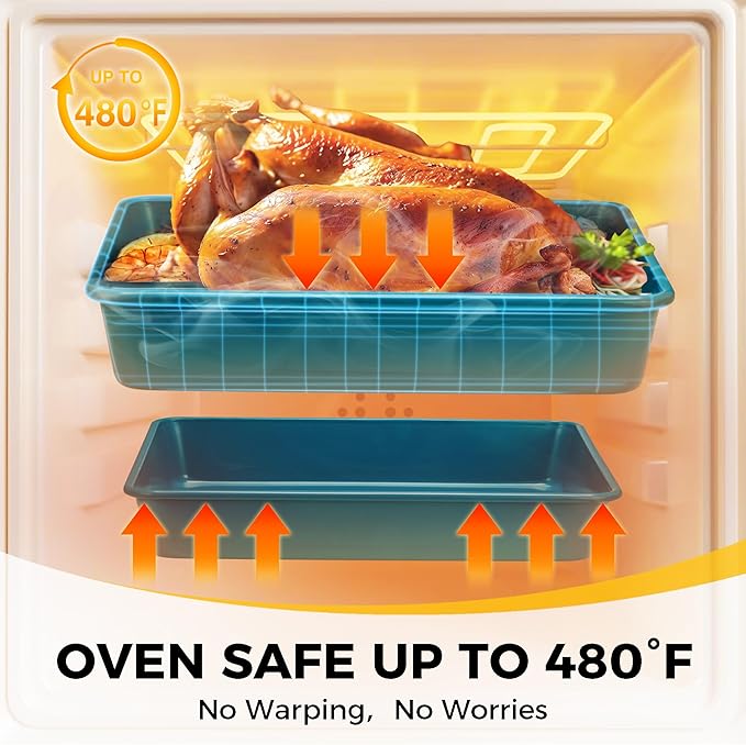 HONGBAKE Deep Baking Pans Set Nonstick, 3 Pack Large Rectangular Sheet Cake Pans,13/11/9Inch Oven Metal Baking Sheet Set, Stackable Non Toxic Bakeware for Baking Lasagana, Blue