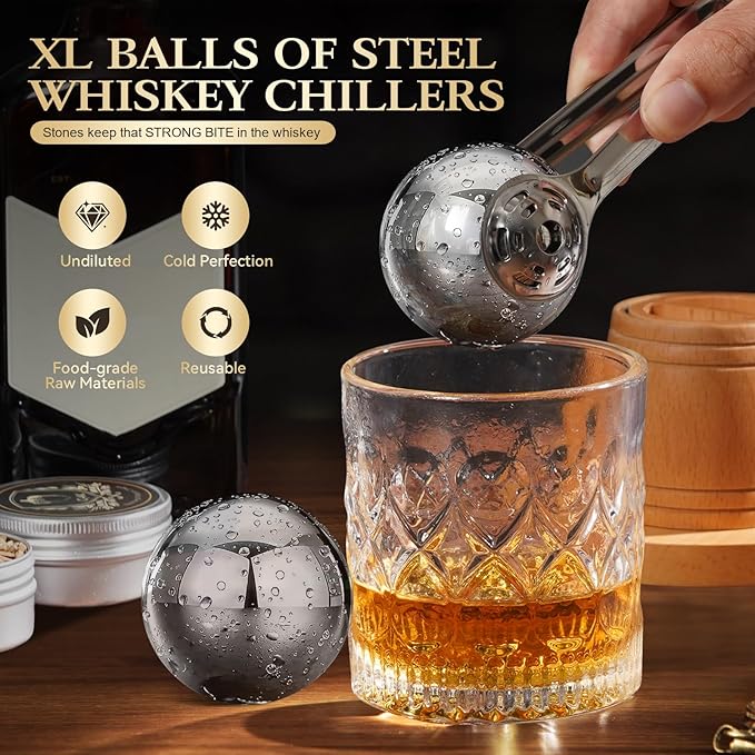 Whiskey Smoker Kit with Torch - Old Fashioned Cocktail Smoker Kit with 6 Flavors Wood Chips | 2 XL Stainless Steel Ice Balls & 2 Glasses, Christmas Bourbon Whiskey Gifts for Men, Dad(No Fuel Included)