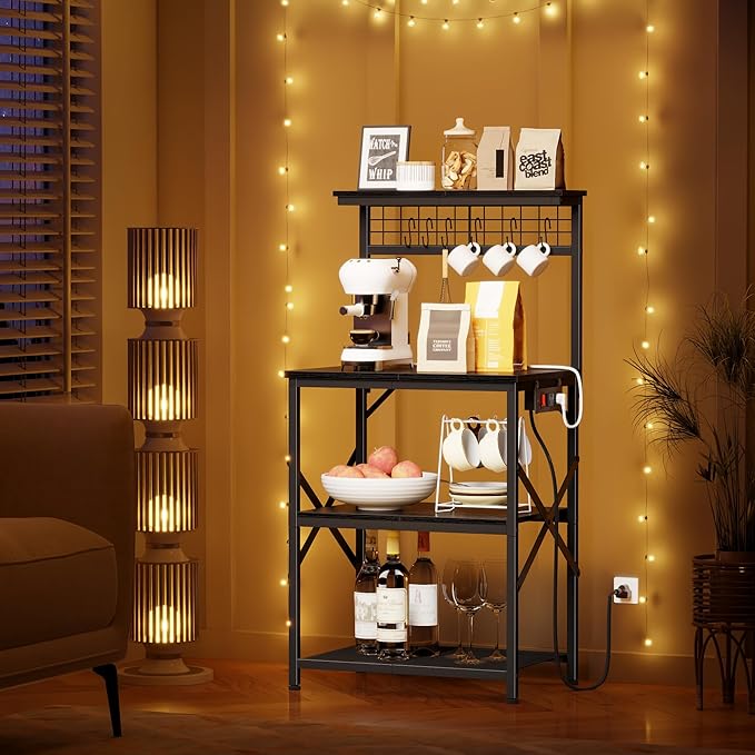 Furologee Kitchen Bakers Rack with Power Outlet, Microwave Oven Stand with Storage 4 Tiers, Coffee Bar Table with 6 S Hooks, Kitchen Storage Shelf Rack for Spices, Pots,Black