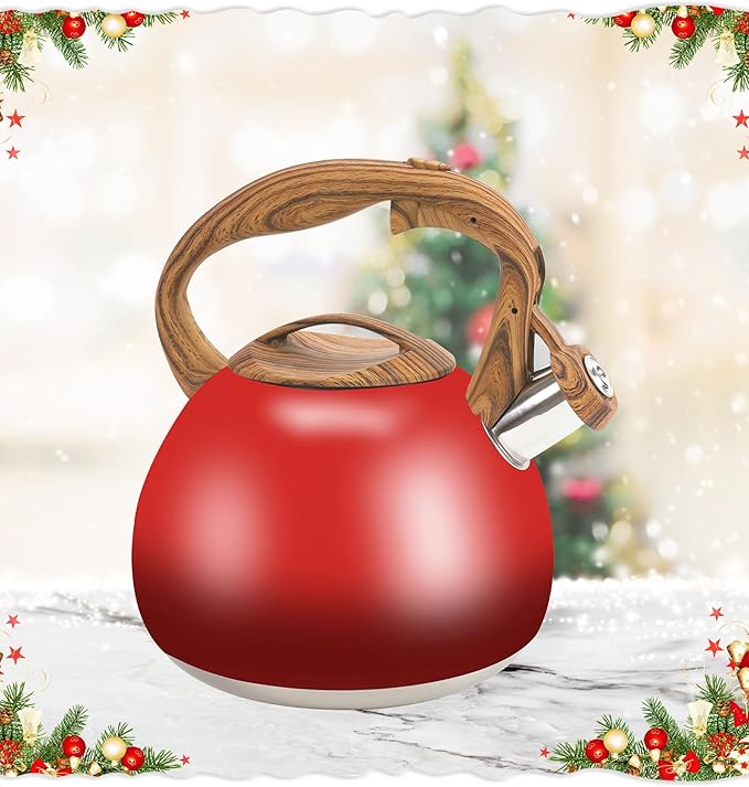Festive Red Stovetop Whistling Tea Kettle 3.2 Quart - Stainless Steel with Wood Grain Handle, Loud Christmas Whistle for Boiling Water, Holiday Cocoa & Milk, Easy-Pour Spout Classic Design