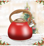 Festive Red Stovetop Whistling Tea Kettle 3.2 Quart - Stainless Steel with Wood Grain Handle, Loud Christmas Whistle for Boiling Water, Holiday Cocoa & Milk, Easy-Pour Spout Classic Design