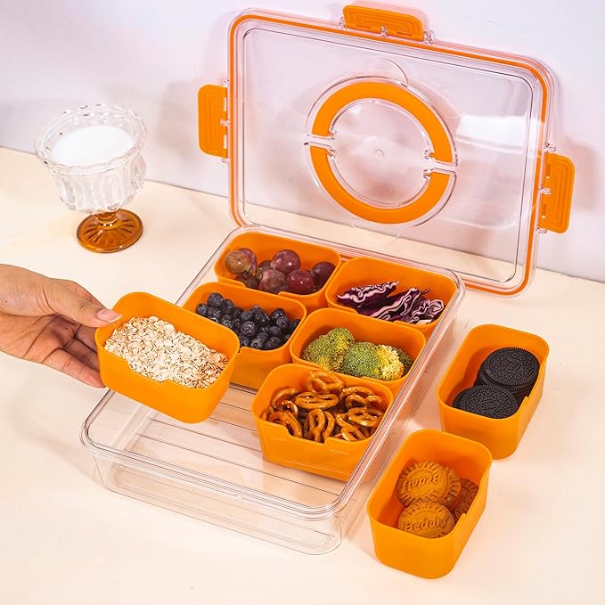 Divided Snack Serving Tray with Lid and Handle Travel Snackle Charcuterie Container Portable Storage Organizer for Candy, Fruits, Nuts, Snacks, Party, Picnic (1pack, Orange)