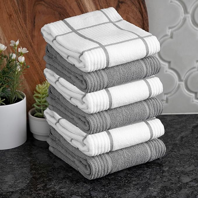 T-fal Solid & Checked Parquet Kitchen Towels: Highly Absorbent, Super Soft Long Lasting - 100% Cotton, 16"x26" Dish Towels for Cleaning & Drying Dishes, Pans, Glassware, Countertops, 6-Pack, Gray