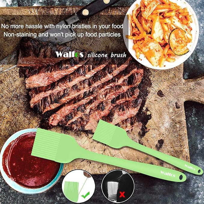 Walfos Basting Brushes Silicone, Heat Resistant Pastry Brushes for Kitchen Cooking, Oil, BBQ Grill, One-Pieces Design,BPA Free and Dishwasher Safe, 2 Pcs (Lime Green)