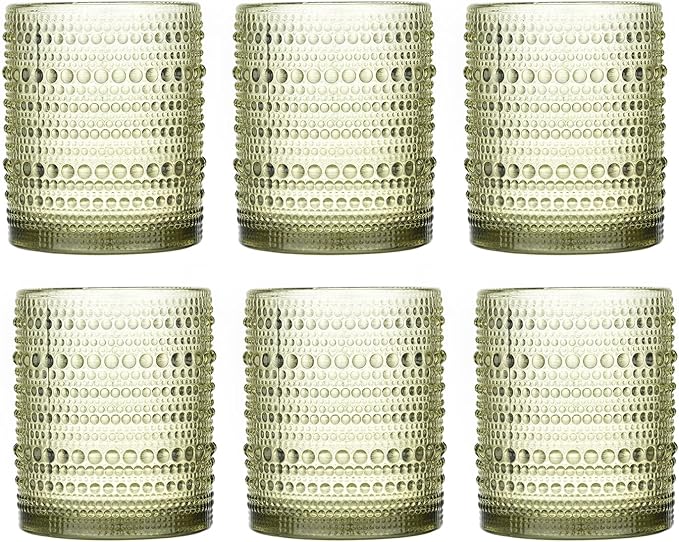 XKXKKE Hobnail Beaded Drinking Glasses Set of 6, 12 oz Vintage Glassware Set Romantic Water Glasses Tumbler, Water Cups, Clear Embossed Glassware Set for Beer, Juice, Cocktail, Soda, Beverages Green